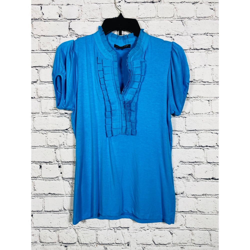 August Silk Top Womens M Ruffle V-Neck Puff Sleeve Turquoise Blue Excellent
